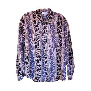 Vintage Silk Animal Print Blouse.  Khaki, Black and Slate. Large.